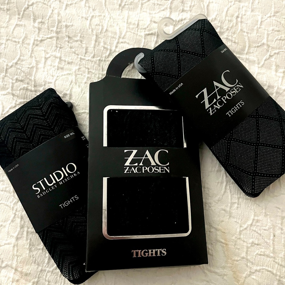 3 pairs of Large Black Patterned Tights. Zac Posen, Badgley Mischka. NWT